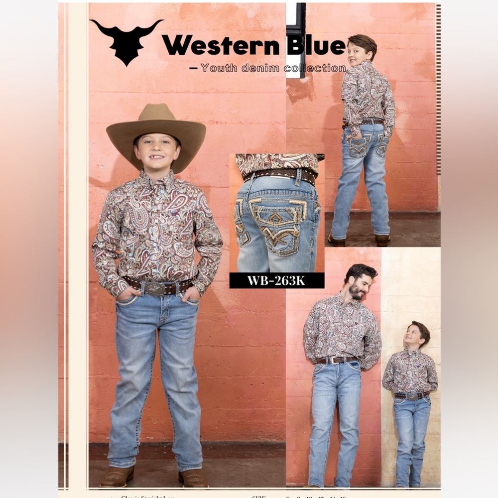 Boys Western Blue Designer Denim Jeans size 6-16 New Embellished Cowboys Pocket